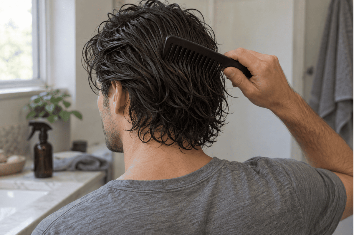 Man using a wide-tooth comb through damp wavy hair before styling