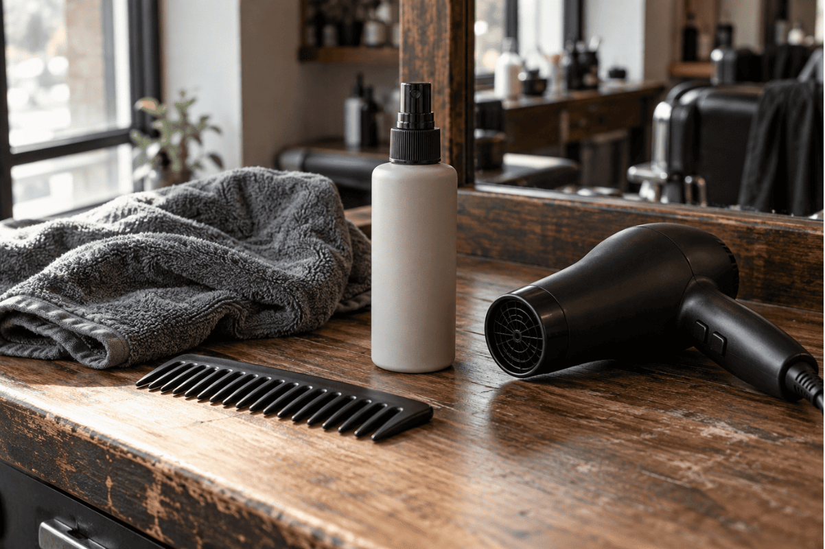 Unbranded hair spray bottle beside a comb, towel and hair dryer on a wooden barbershop counter
