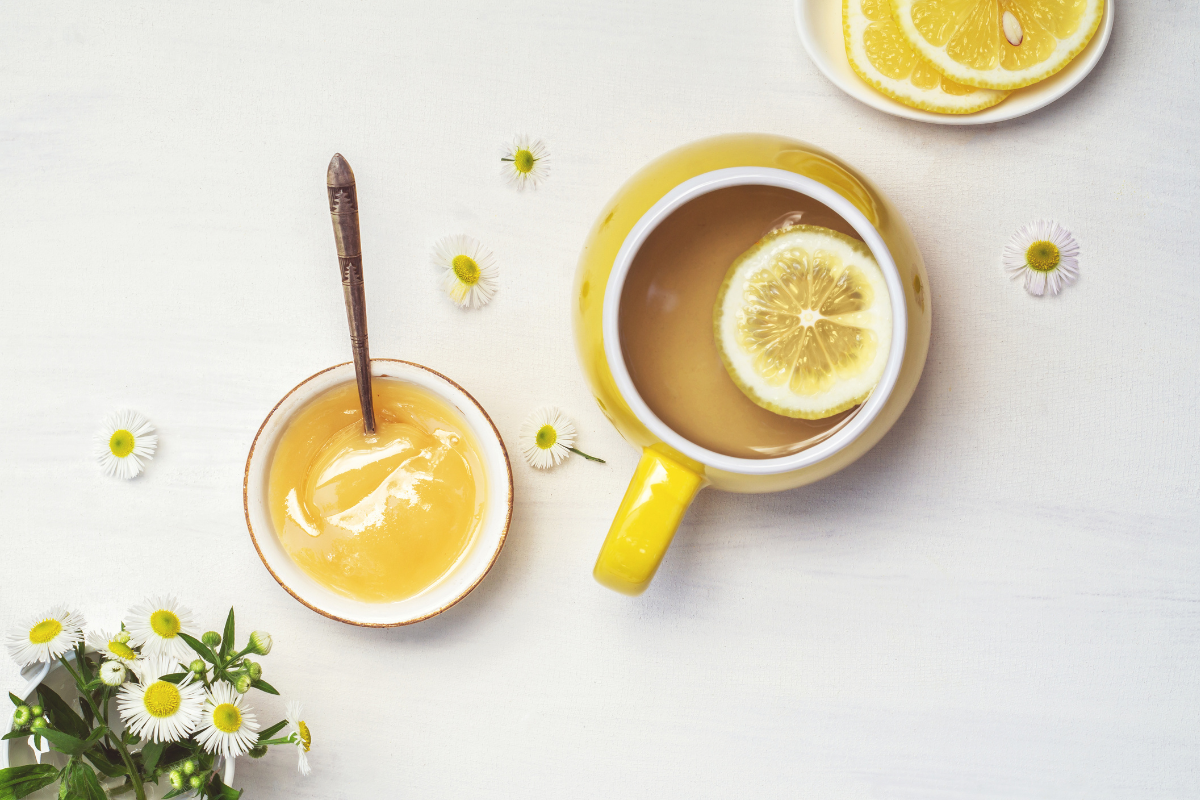 lemon honey chamomile flat lay