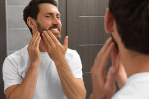 man looking in mirror beard