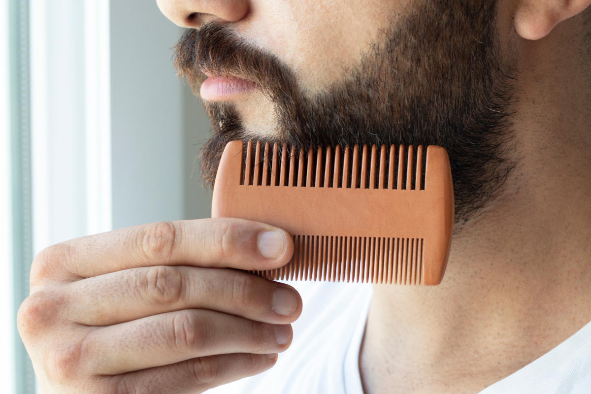 wooden beard comb arranged