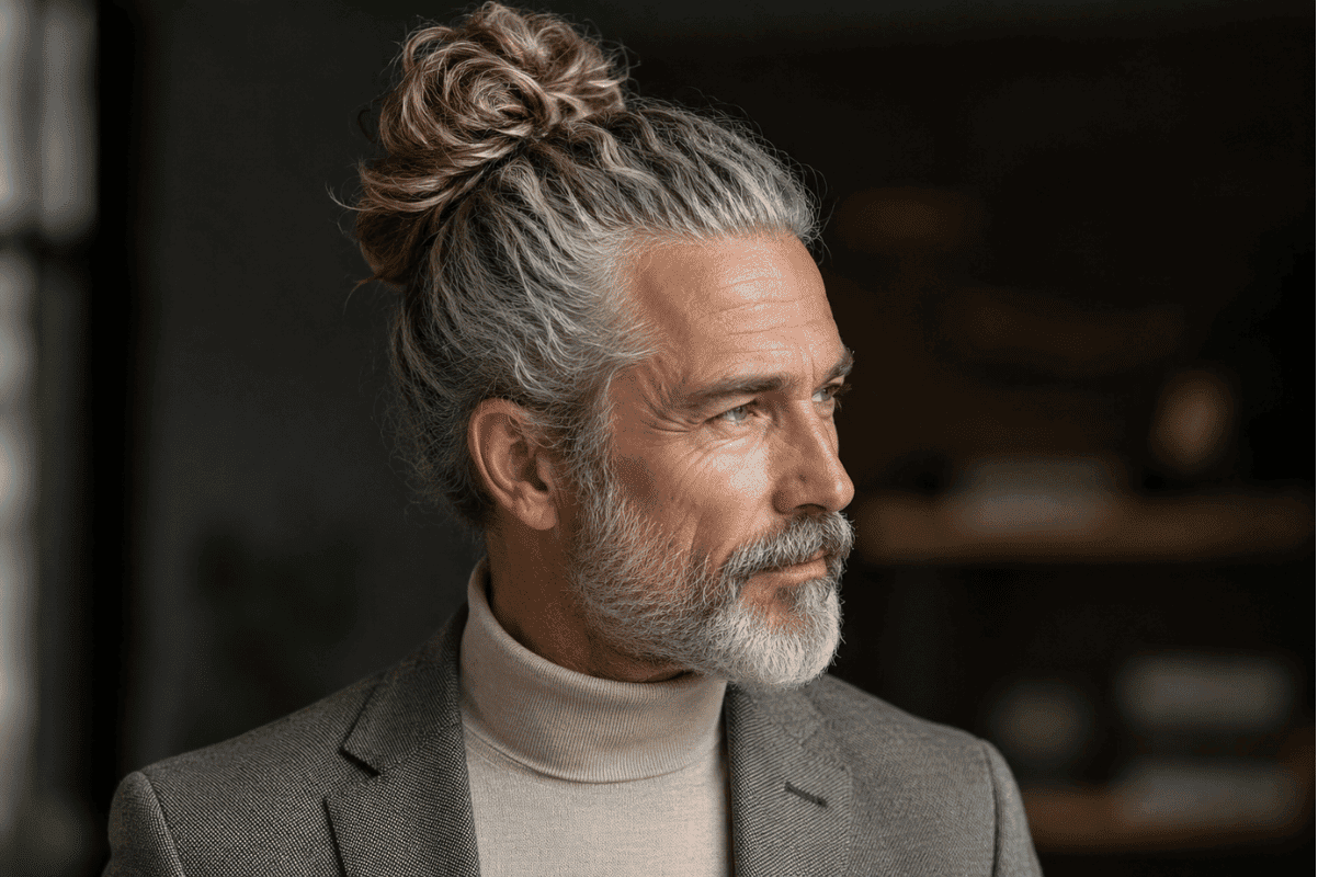 the man bun gives older men with long hair