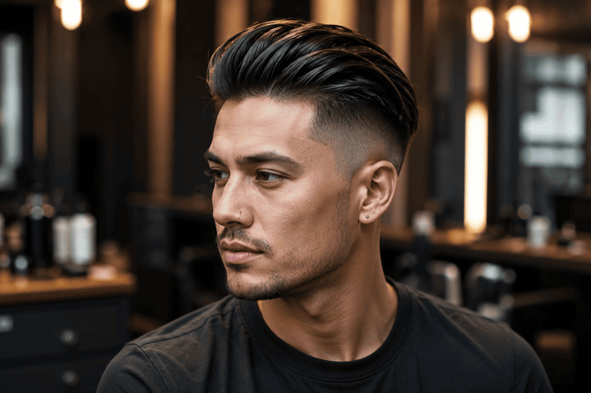 trimmed sides and a long top slicked back